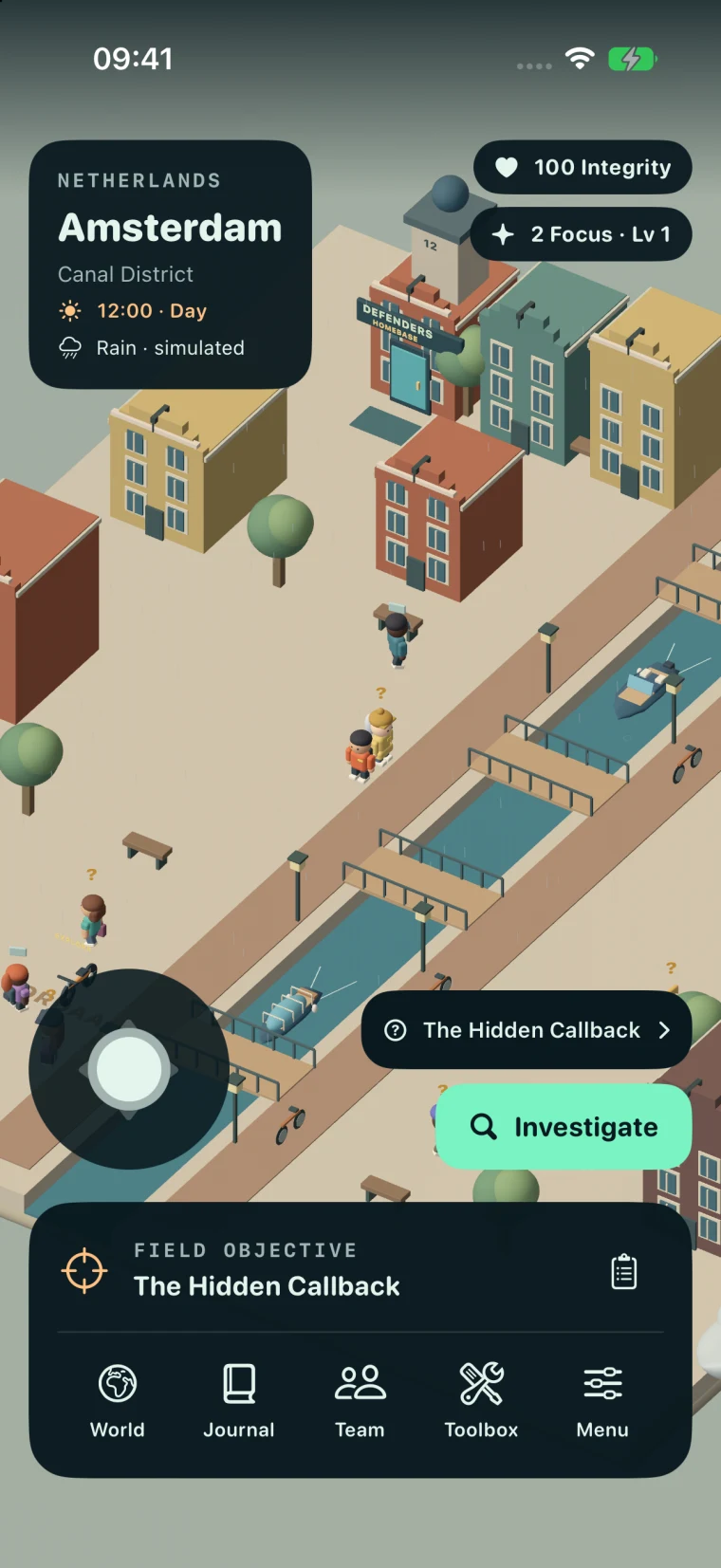 ThreatHunter gameplay: investigating a case among Amsterdam’s miniature canal houses.